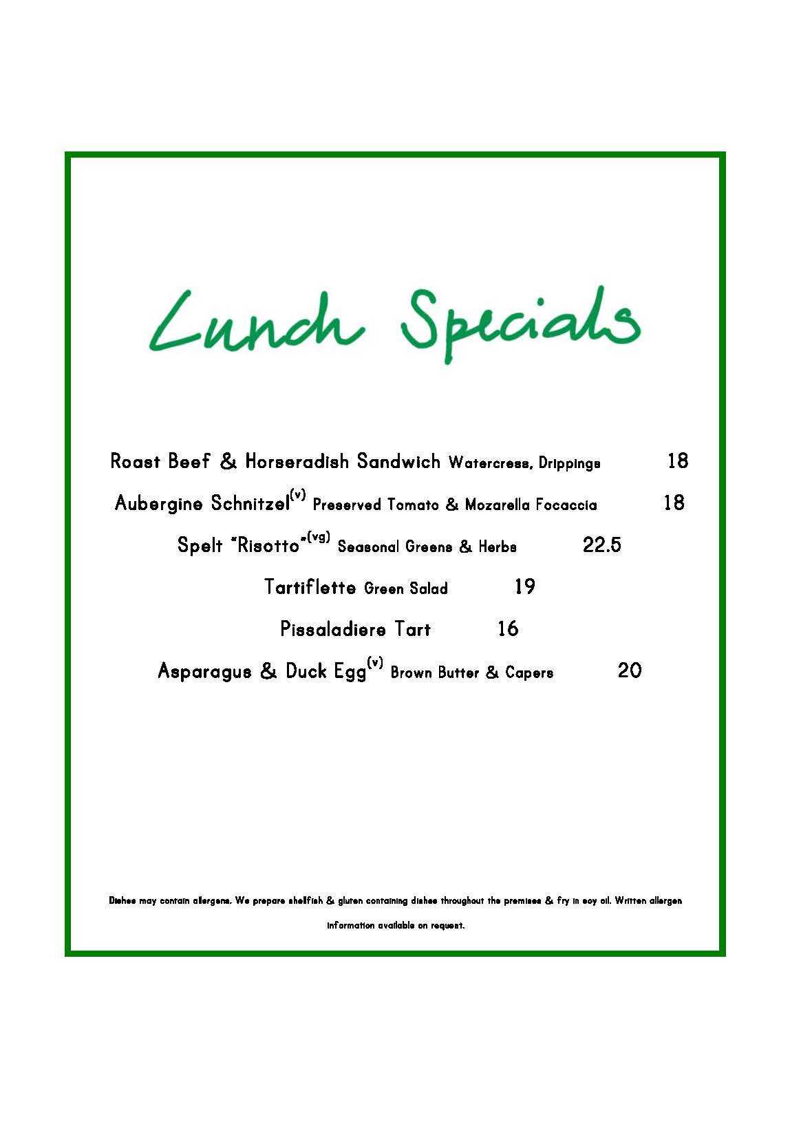 Lunch Specials April 2025