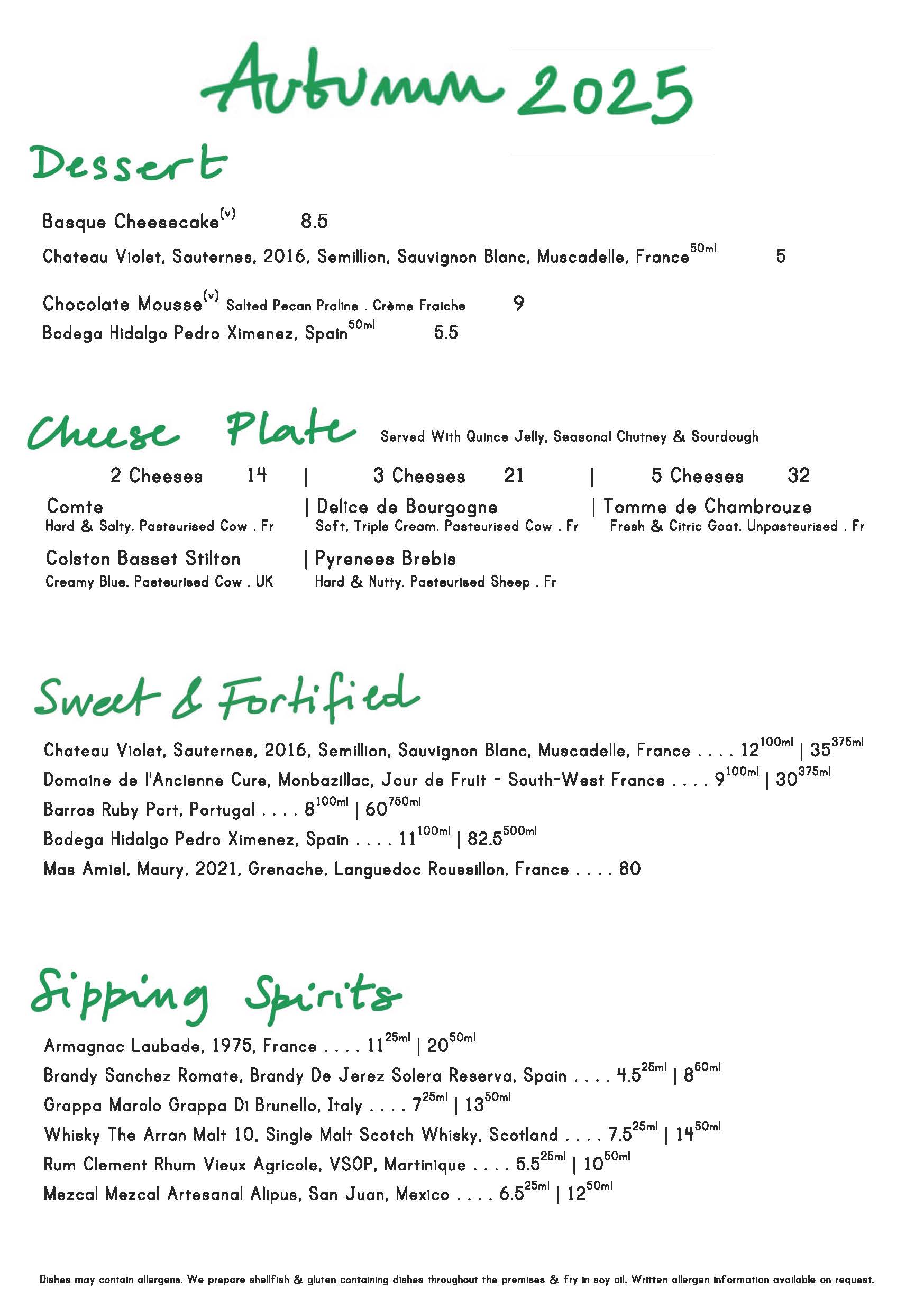 Autumn Dessert Menu September 2025