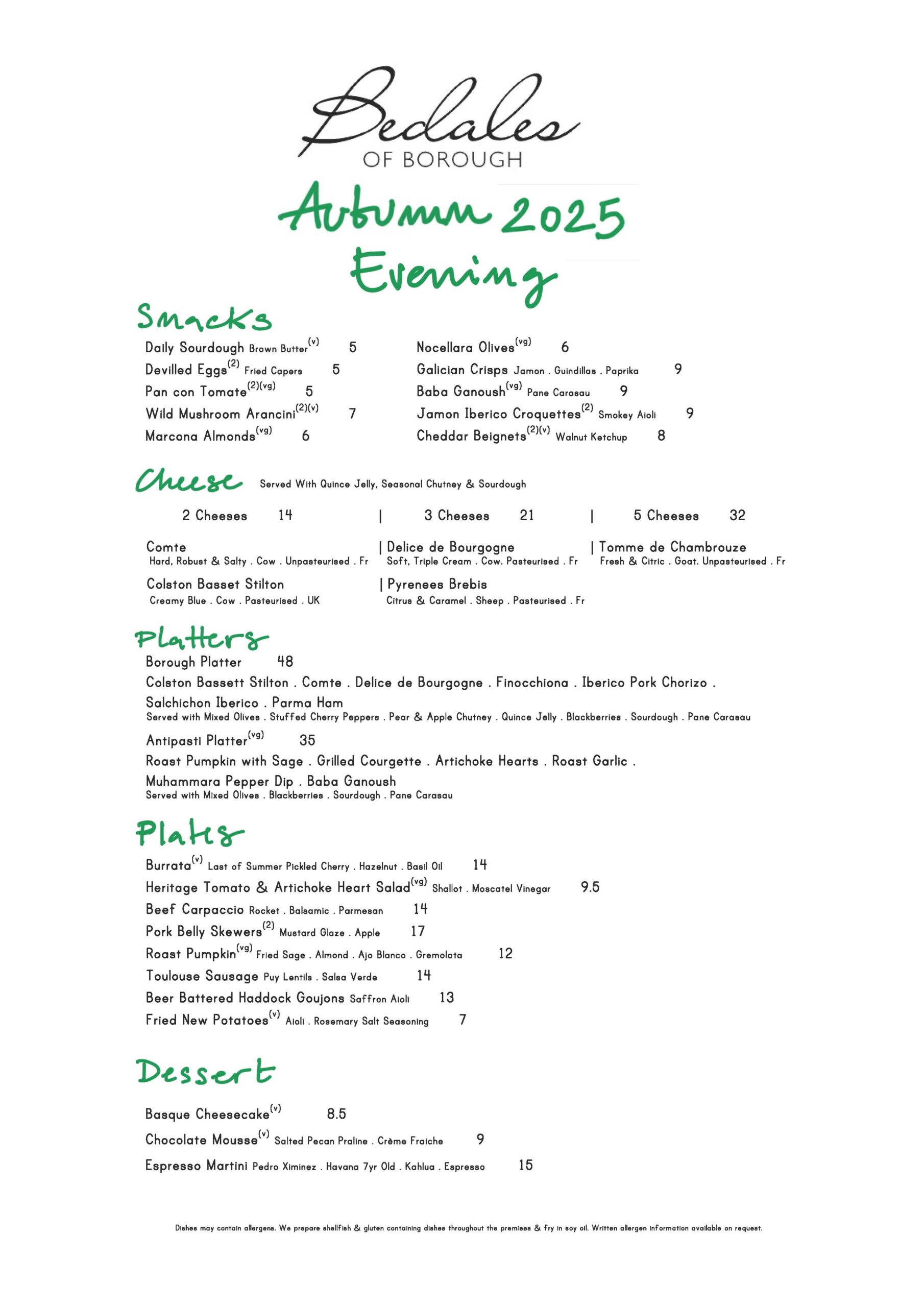 Autumn Evening Menu September 2025