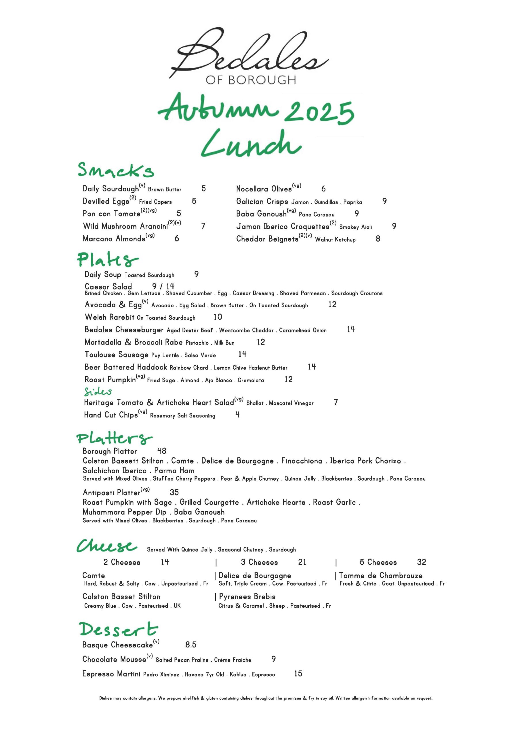 Autumn Lunch Menu September 2025