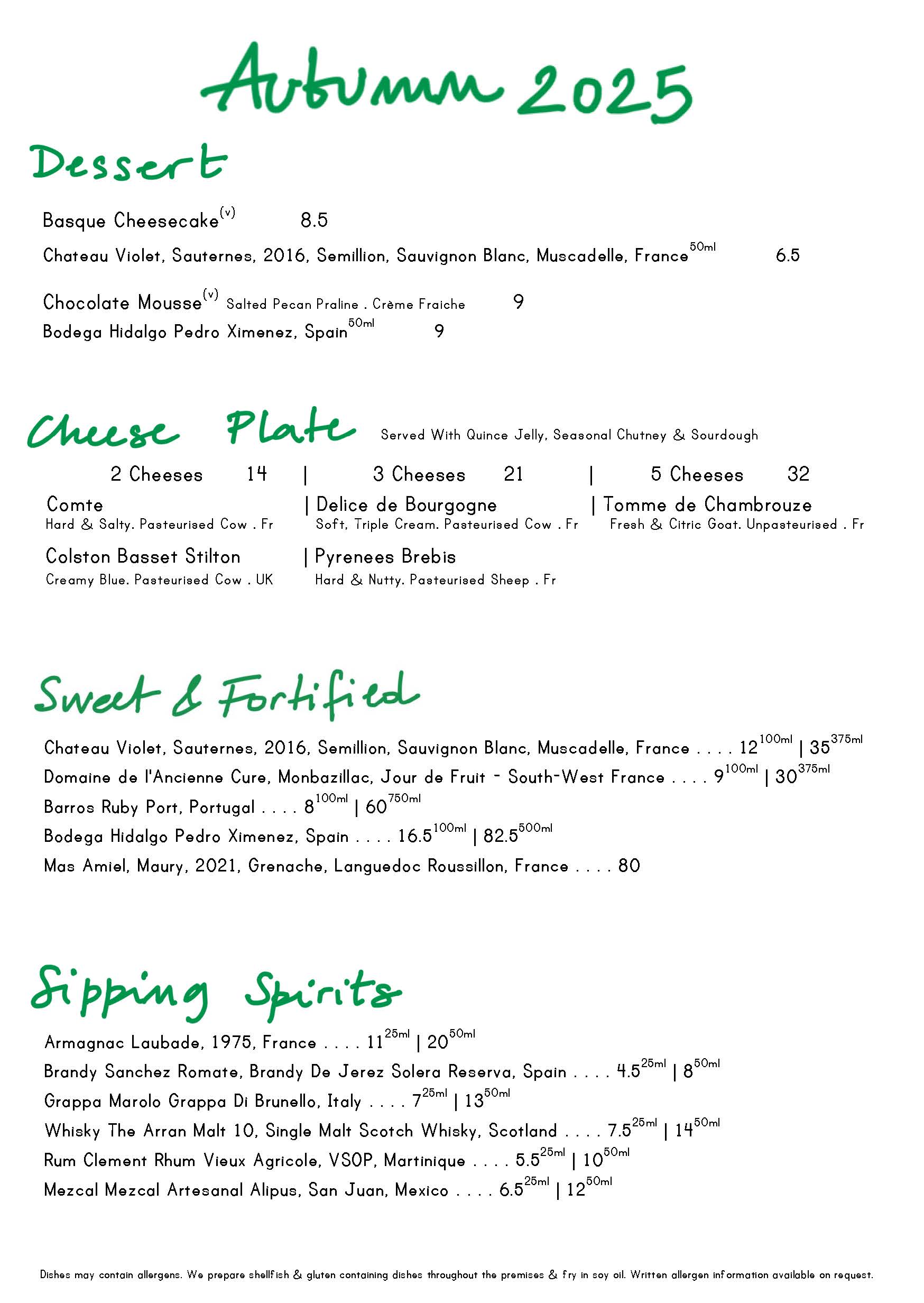 Autumn Dessert Menu October 2025