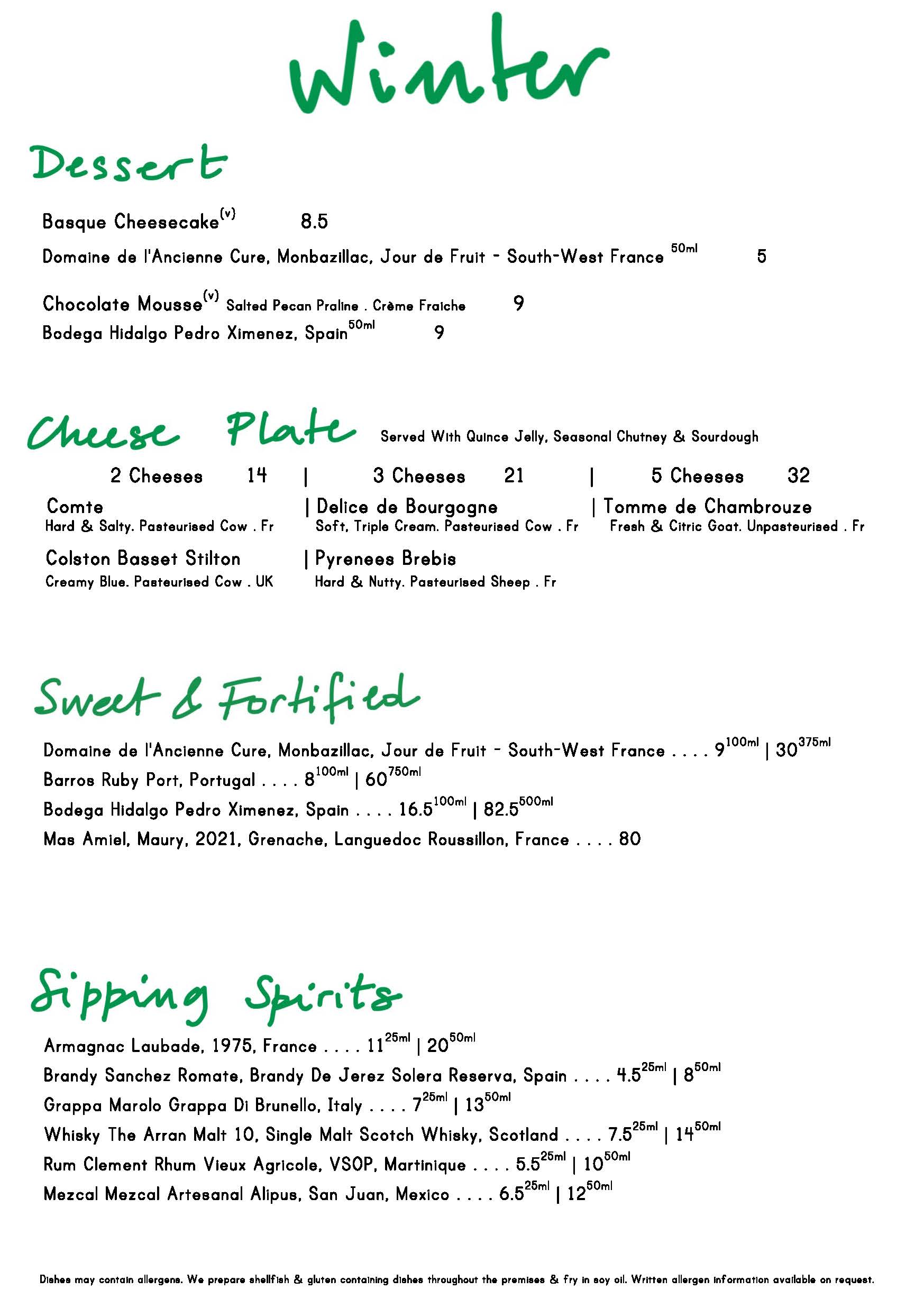 Winter Dessert Menu January 2026