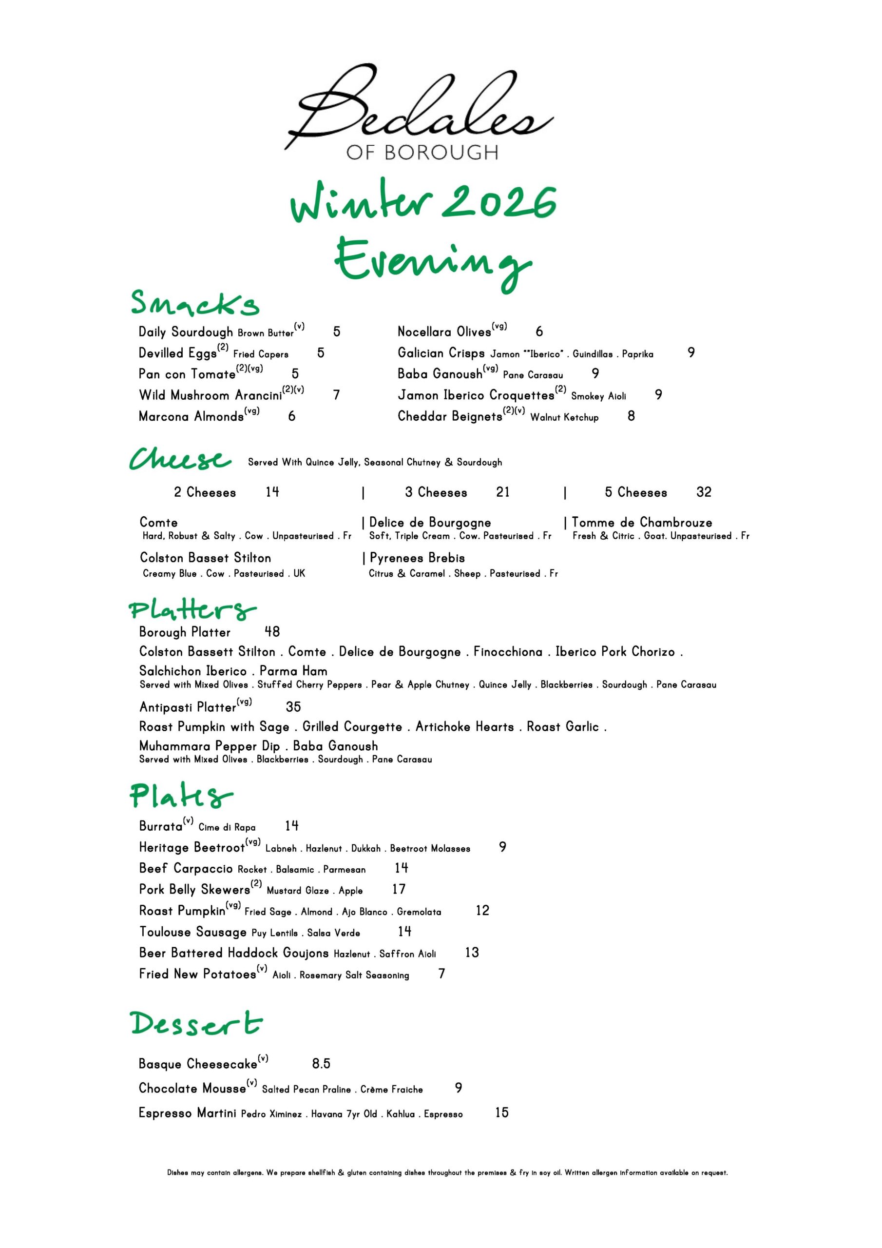 Winter Evening Menu January 2026