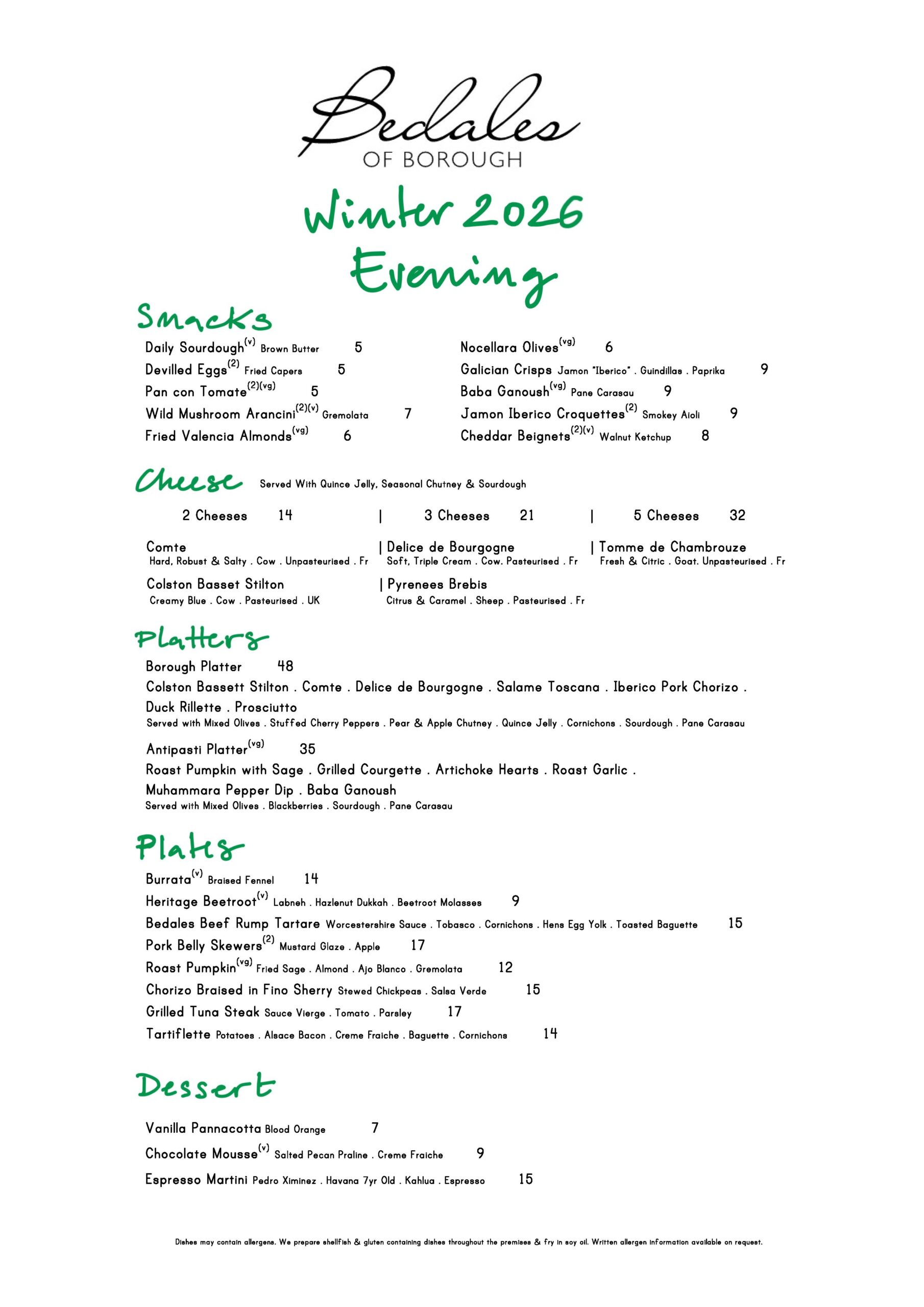 Winter Evening Menu February 2026