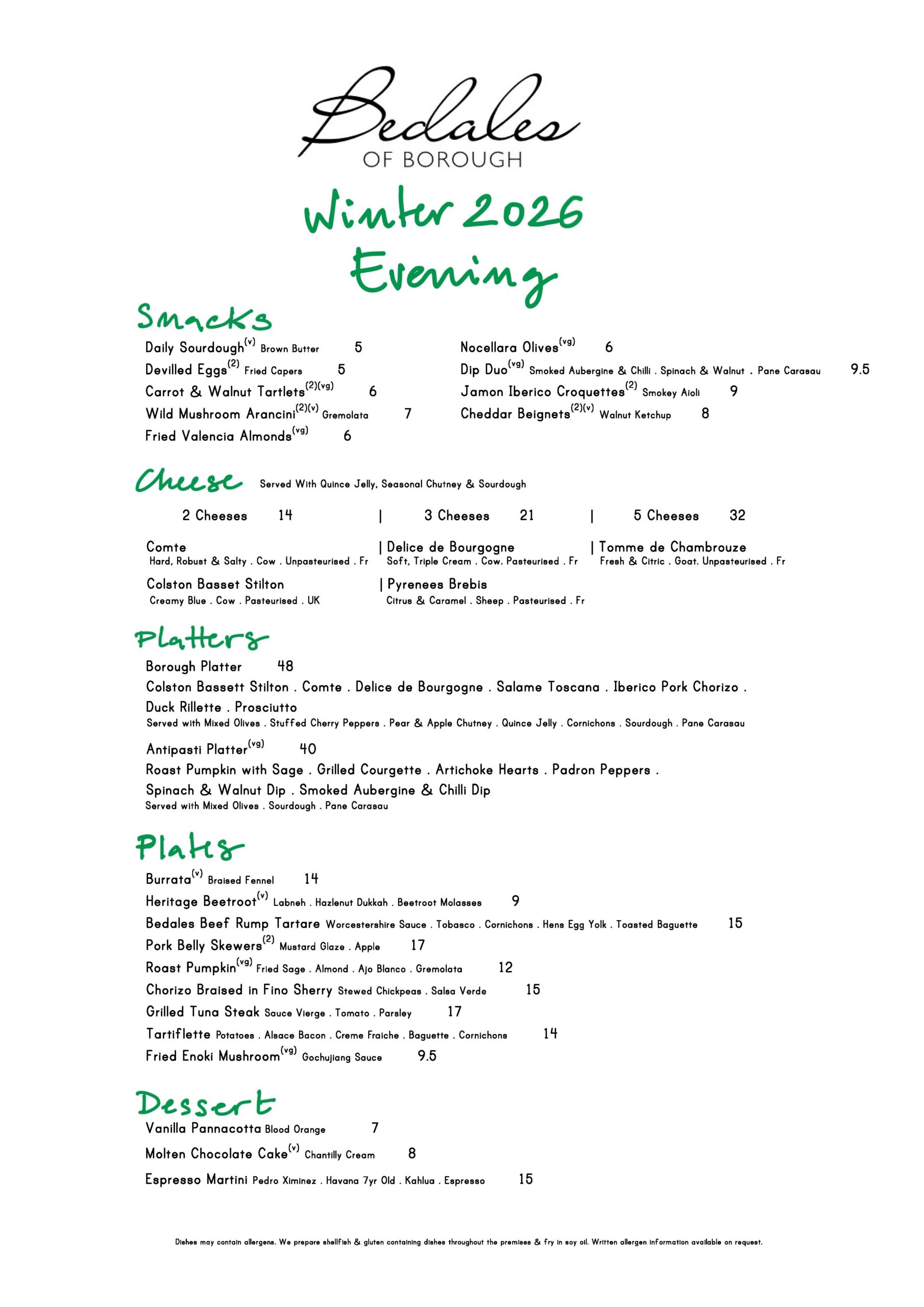 Winter Evening Menu February 2026