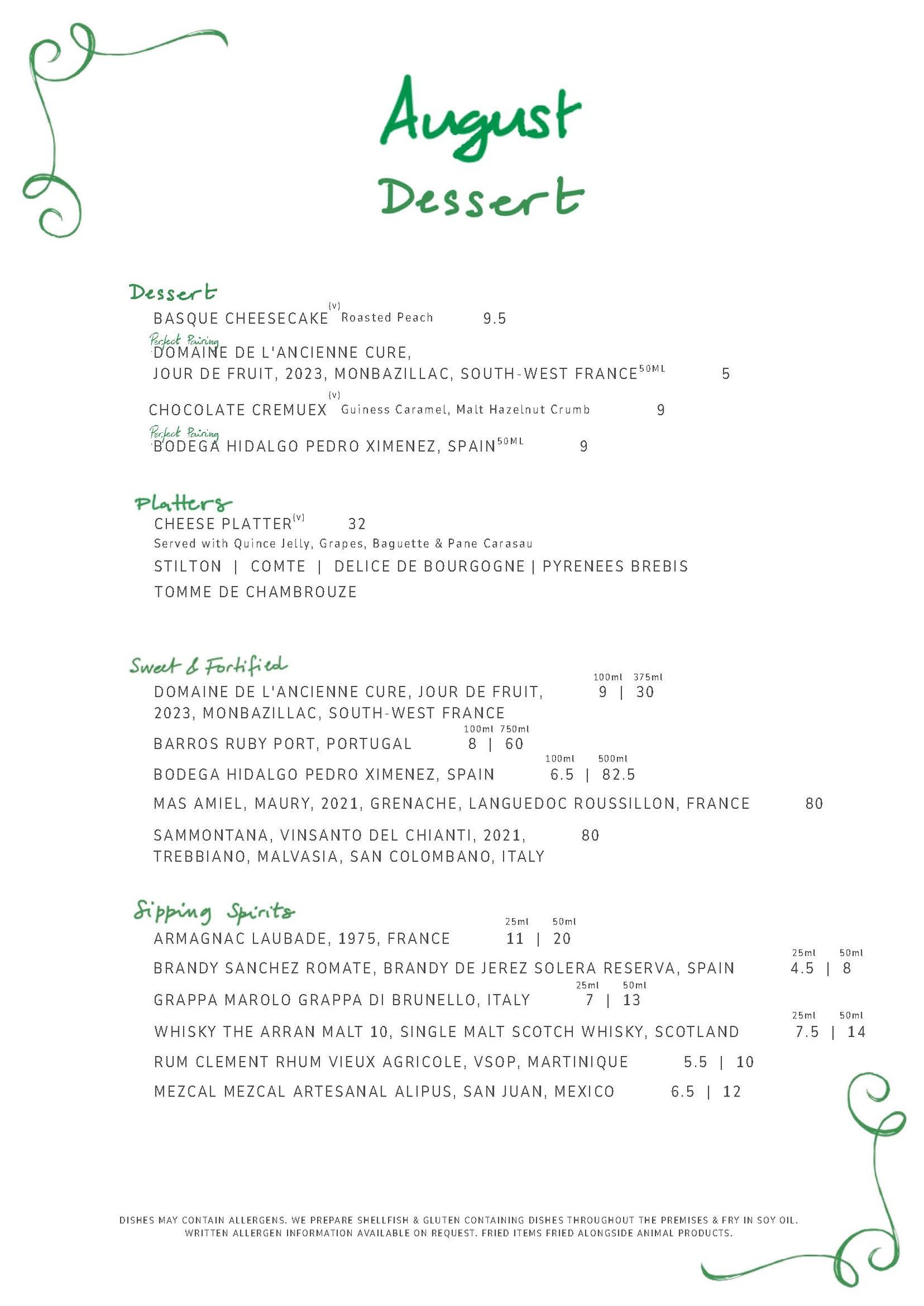 Dessert Menus Summer August 26
